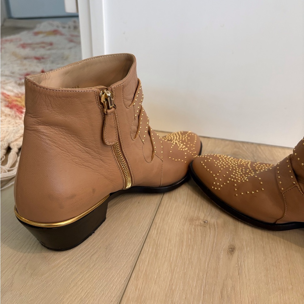 Chloe Studded Beige Ankle Boots with Buckles - Picture 5 of 6